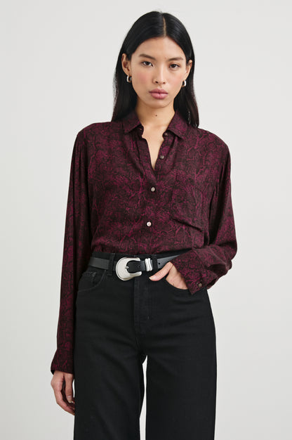 the JOSEPHINE blouse, merlot python