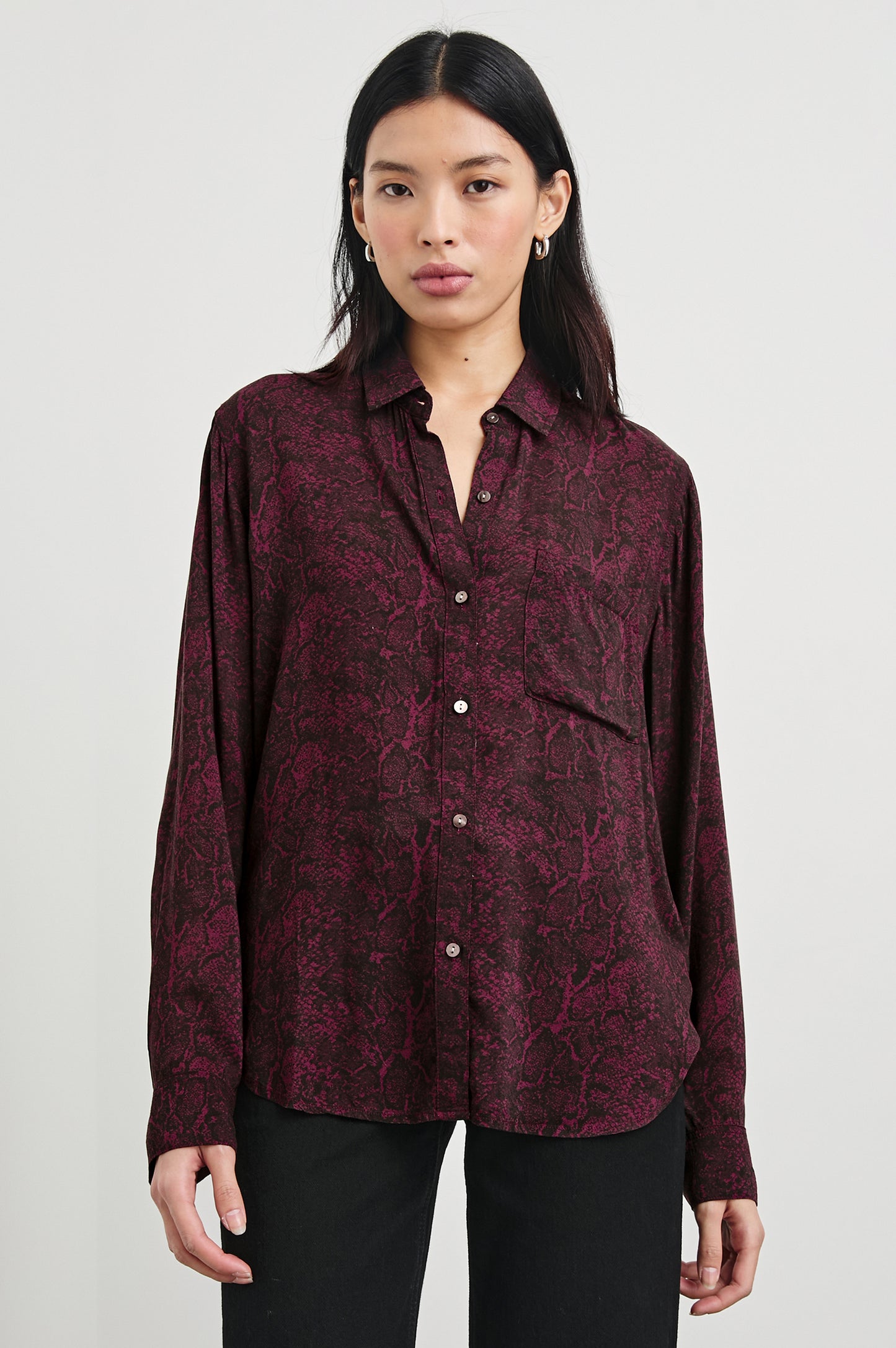 the JOSEPHINE blouse, merlot python