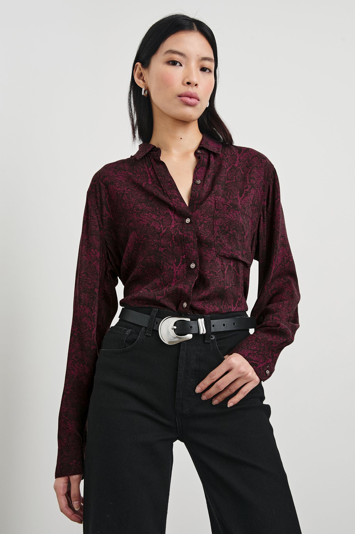 the JOSEPHINE blouse, merlot python