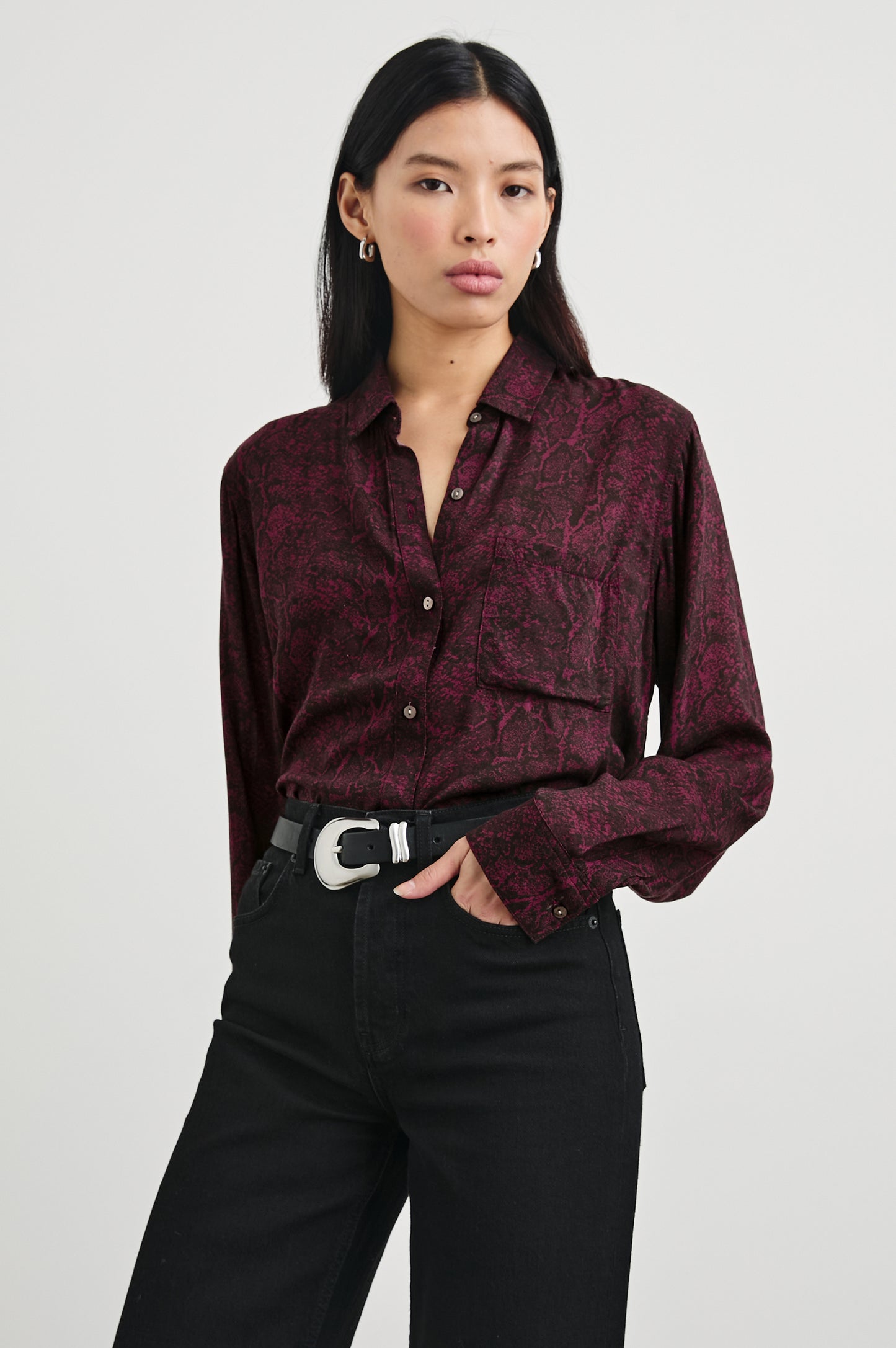 the JOSEPHINE blouse, merlot python