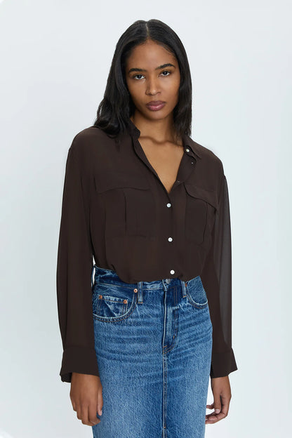 the REESE sheer button down, dark roast