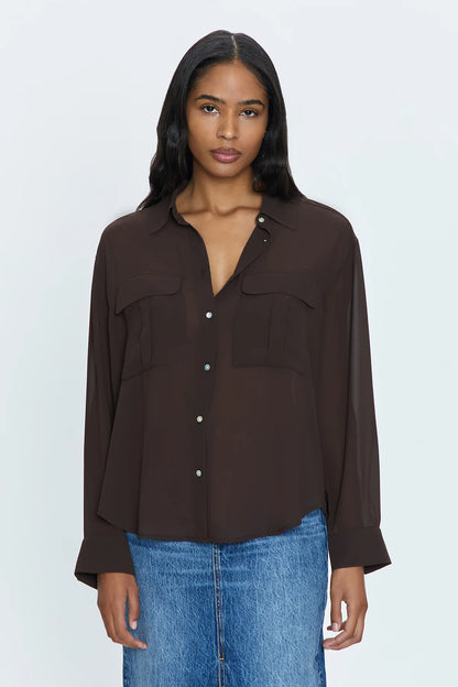 the REESE sheer button down, dark roast