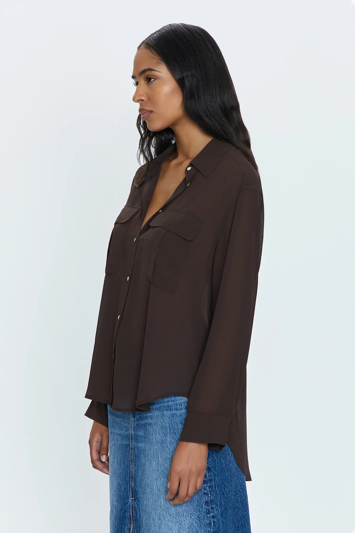 the REESE sheer button down, dark roast