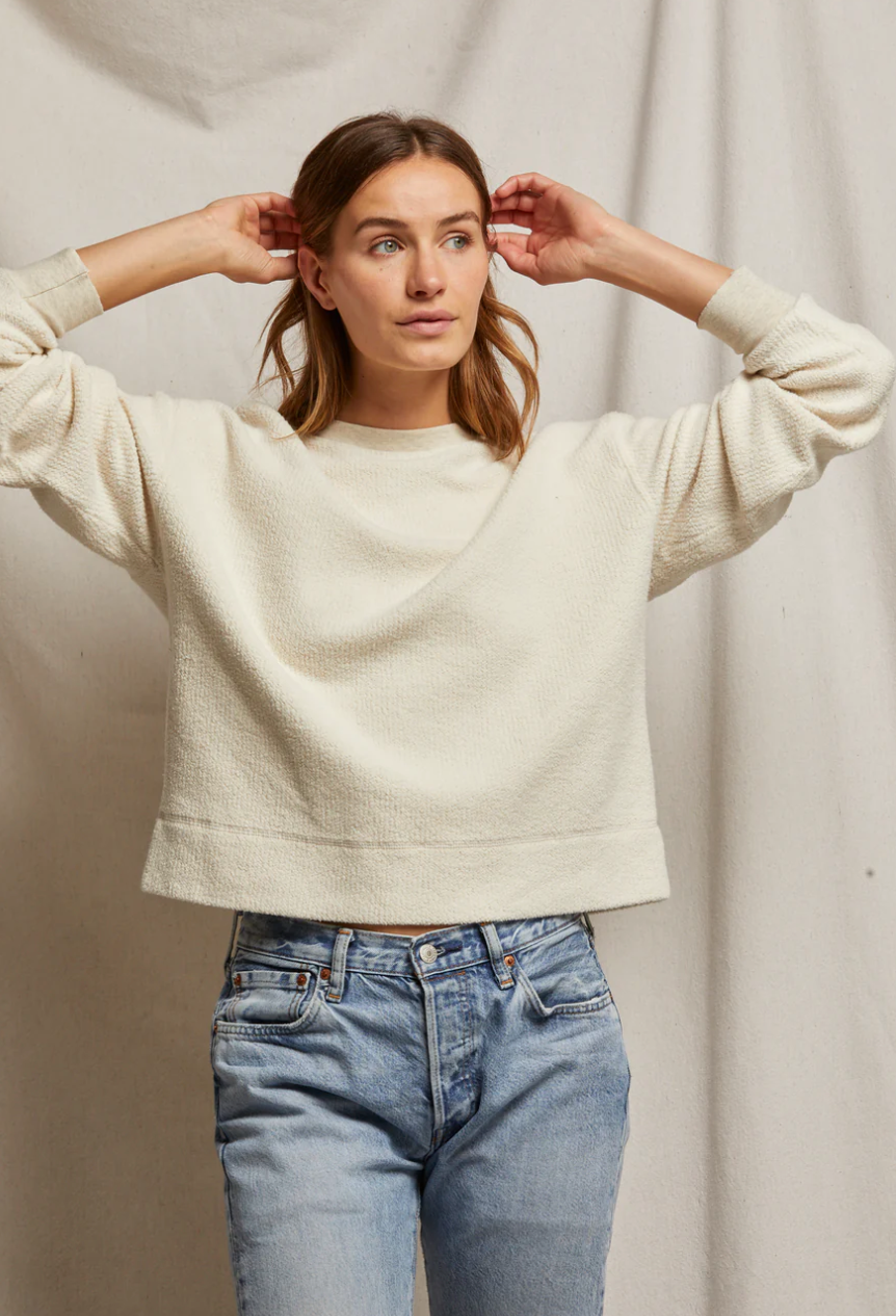 the MAYER reverse fleece crew neck sweater, oatmeal